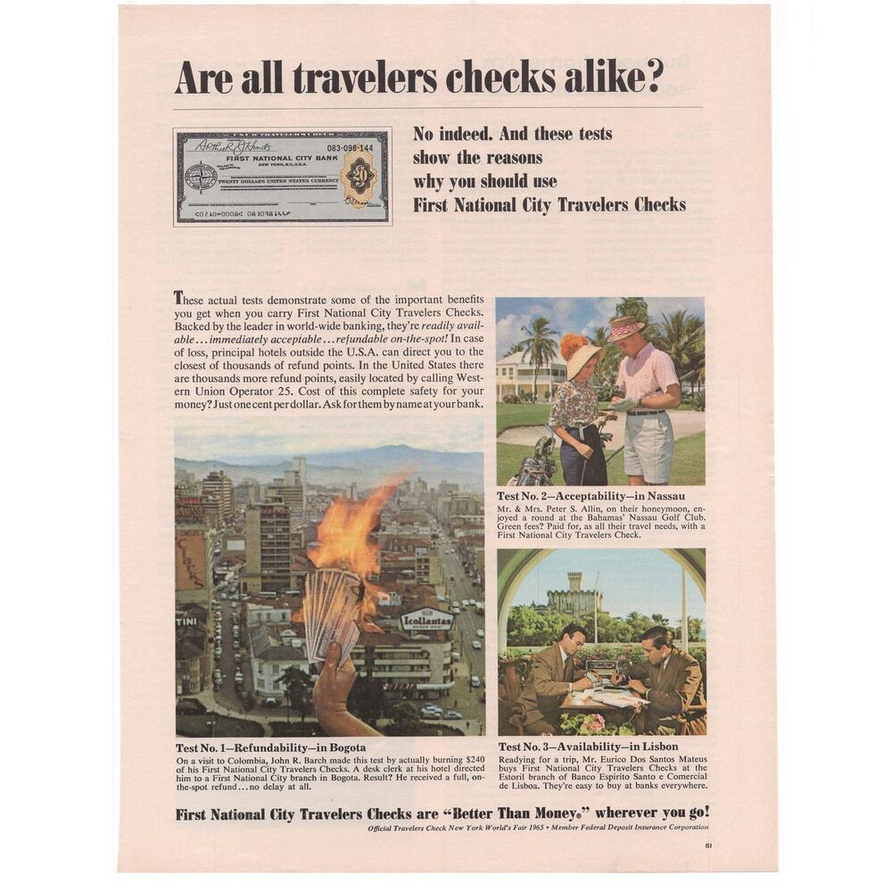 First National City Travelers Checks Magazine Advertisement 1957 Vintage Finance